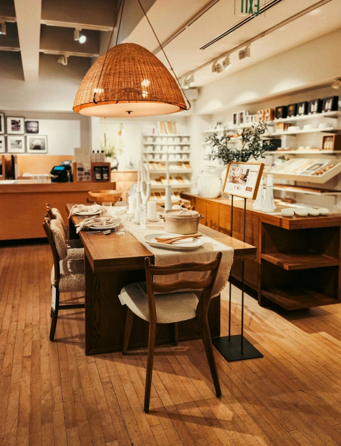 A dining room with a wooden table and chairs